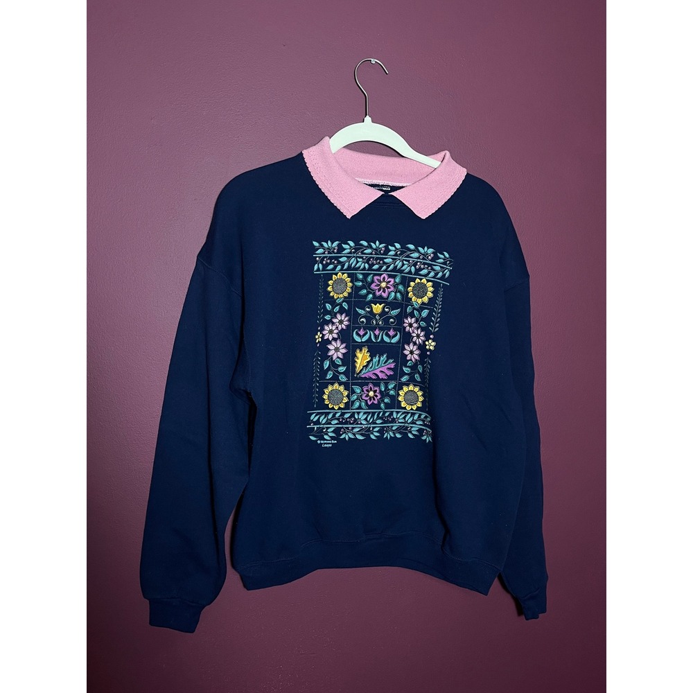 Morning Sun Vintage Floral Graphic Sweatshirt Navy Blue Crewneck Sunflowers
